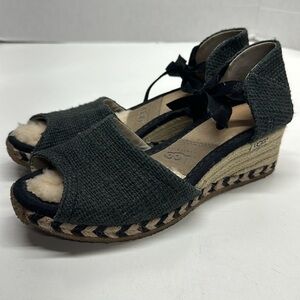 Ugg Wedges Heels Open Toe Sandals Shoes Tie Ankle Strap Espadrilles Black Size 9